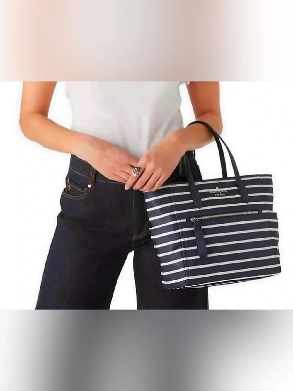 Kate Spade Chelsea Medium Satchel Navy and Cream Striped with Front Zip&Main Zip